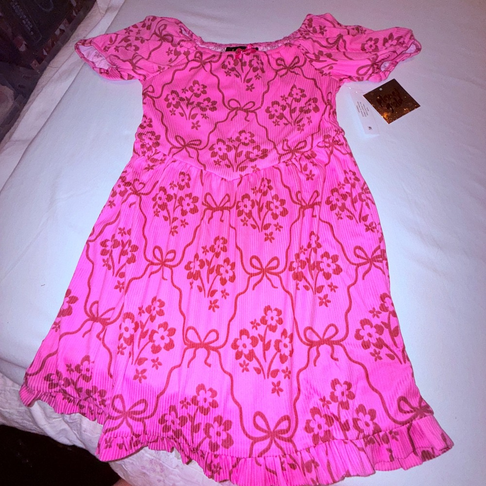 Planet‎ Gold V Waist Dress Kids 6/6X Pink NWT Floral Bow Ribbed Puff Sleeve